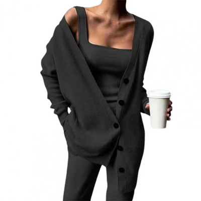 2021 Γυναικείο σετ Three Pices Φθινοπωρινή χειμερινή πλεκτή μασίφ ζακέτα μπλουζάκι και casual φαρδύ μακρύ παντελόνι Γυναικείο κοστούμι γυμναστικής