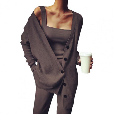 2021 Γυναικείο σετ Three Pices Φθινοπωρινή χειμερινή πλεκτή μασίφ ζακέτα μπλουζάκι και casual φαρδύ μακρύ παντελόνι Γυναικείο κοστούμι γυμναστικής