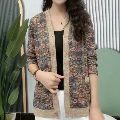 Elegantiškas ilgomis rankovėmis spausdintas V formos iškirptės megztinis Pavasarinis rudeninis plonas vintažinis laisvalaikio kišenės Gėlėti megztiniai Moteriški drabužiai