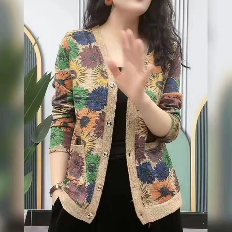 Elegantiškas ilgomis rankovėmis spausdintas V formos iškirptės megztinis Pavasarinis rudeninis plonas vintažinis laisvalaikio kišenės Gėlėti megztiniai Moteriški drabužiai