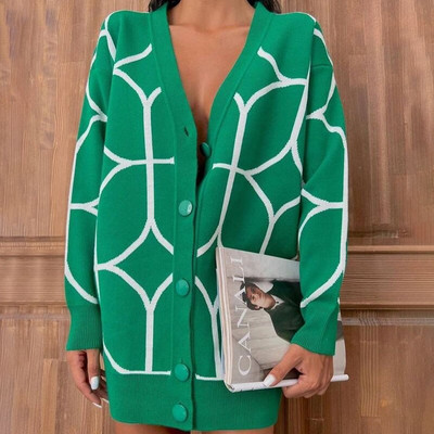 Sieviešu trikotāžas džemperis ar apdruku, zaļš V veida kakla izgriezums ar garām piedurknēm, brīvs trikotāžas apģērbs sievietēm 2022. gada ikdienas modes džemperi