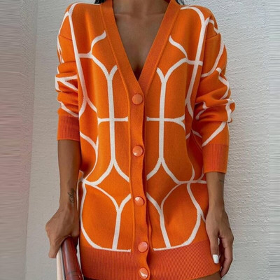 Sieviešu trikotāžas džemperis ar apdruku, zaļš V veida kakla izgriezums ar garām piedurknēm, brīvs trikotāžas apģērbs sievietēm 2022. gada ikdienas modes džemperi