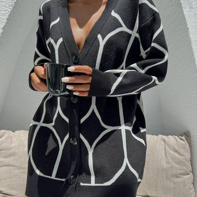 Sieviešu trikotāžas džemperis ar apdruku, zaļš V veida kakla izgriezums ar garām piedurknēm, brīvs trikotāžas apģērbs sievietēm 2022. gada ikdienas modes džemperi