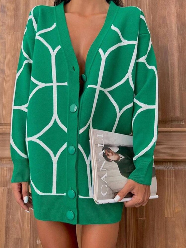 Sieviešu trikotāžas džemperis ar apdruku, zaļš V veida kakla izgriezums ar garām piedurknēm, brīvs trikotāžas apģērbs sievietēm 2022. gada ikdienas modes džemperi