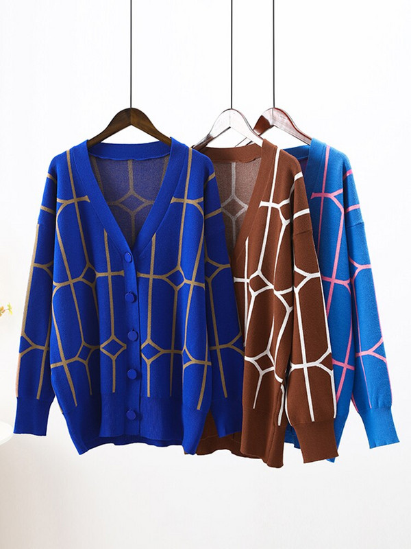 Sieviešu trikotāžas džemperis ar apdruku, zaļš V veida kakla izgriezums ar garām piedurknēm, brīvs trikotāžas apģērbs sievietēm 2022. gada ikdienas modes džemperi