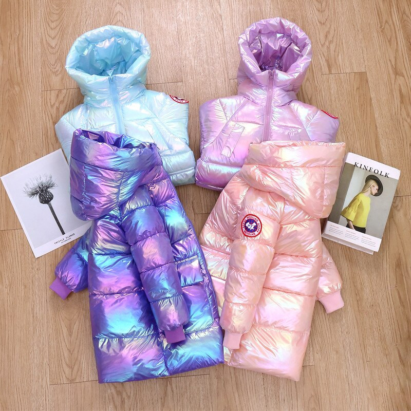 Jauns bērnu dūnu jaka ar kapuci Virsdrēbes Baby Bays meitenēm ziemas mētelis vidēja garuma krāsains spilgts sejas biezs mēteļi