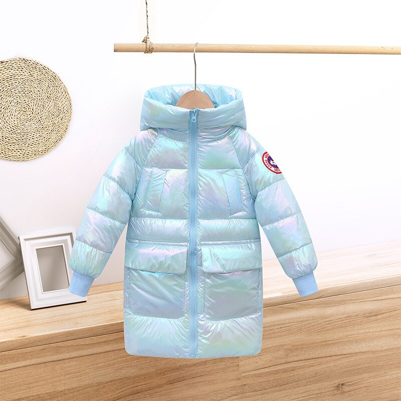 Jauns bērnu dūnu jaka ar kapuci Virsdrēbes Baby Bays meitenēm ziemas mētelis vidēja garuma krāsains spilgts sejas biezs mēteļi