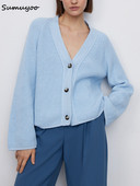 Sumuyoo Vágott kardigán női V-nyakú, laza kötött kardigán hosszú ujjú pulóverek női meleg őszi téli zöld felsők