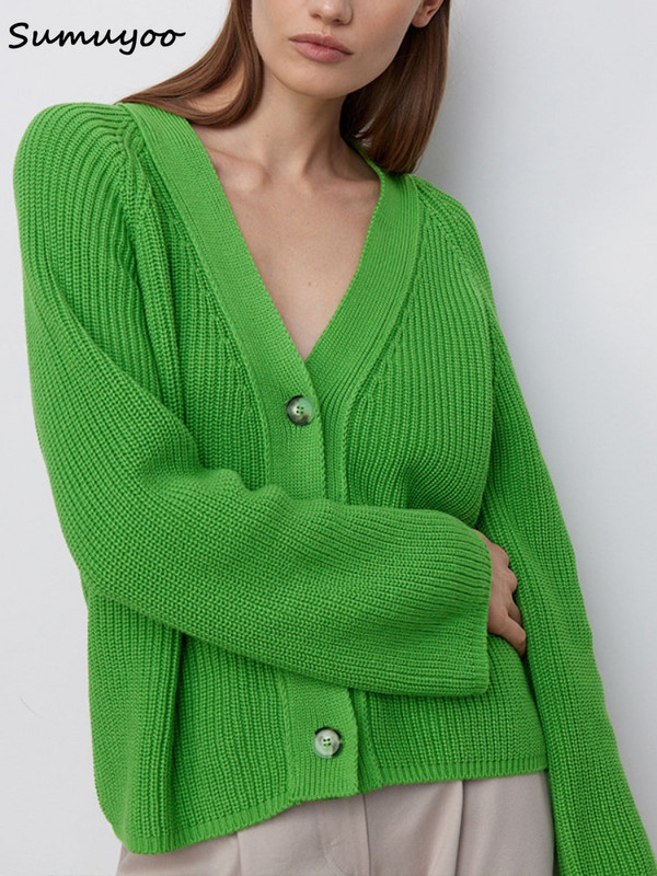 Sumuyoo Vágott kardigán női V-nyakú, laza kötött kardigán hosszú ujjú pulóverek női meleg őszi téli zöld felsők
