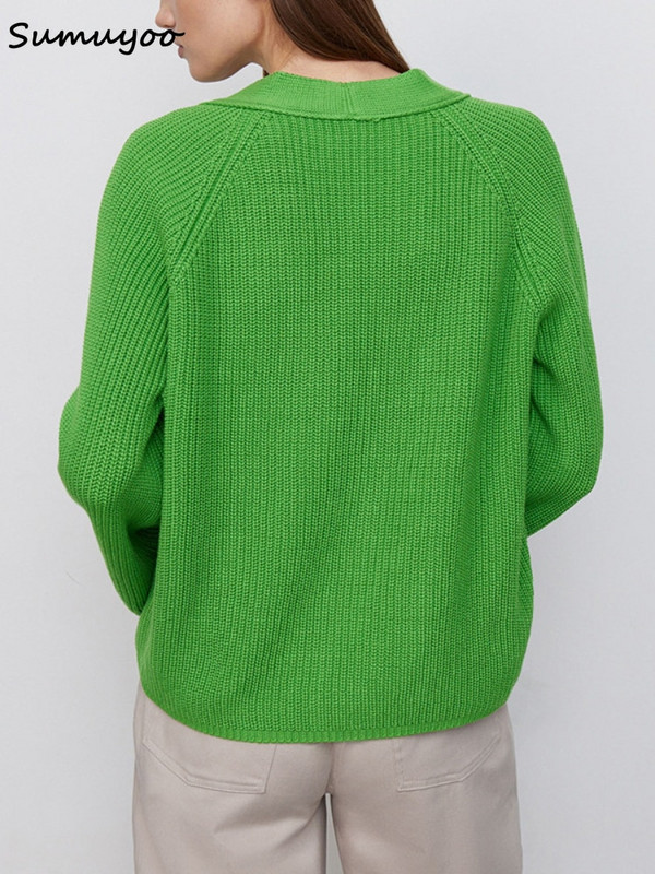 Sumuyoo Vágott kardigán női V-nyakú, laza kötött kardigán hosszú ujjú pulóverek női meleg őszi téli zöld felsők