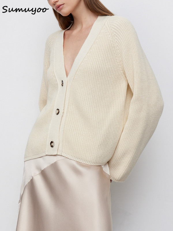 Sumuyoo Vágott kardigán női V-nyakú, laza kötött kardigán hosszú ujjú pulóverek női meleg őszi téli zöld felsők