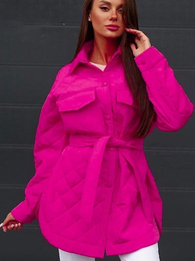 Brīvi polsterēta sieviešu ziemas jaka ar garām svītrām Ikdienišķa nolaižama apkakle ar jostu jaka Taisns mētelis Biroja sieviešu virsdrēbes Sieviešu apģērbi