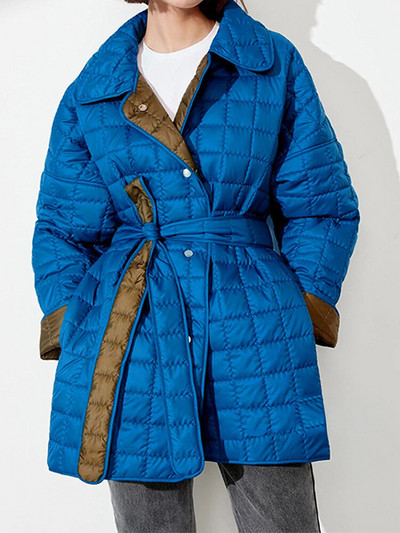 Brīvi polsterēta sieviešu ziemas jaka ar garām svītrām Ikdienišķa nolaižama apkakle ar jostu jaka Taisns mētelis Biroja sieviešu virsdrēbes Sieviešu apģērbi