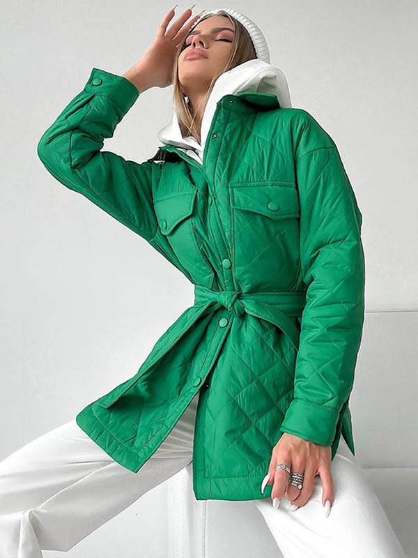 Brīvi polsterēta sieviešu ziemas jaka ar garām svītrām Ikdienišķa nolaižama apkakle ar jostu jaka Taisns mētelis Biroja sieviešu virsdrēbes Sieviešu apģērbi