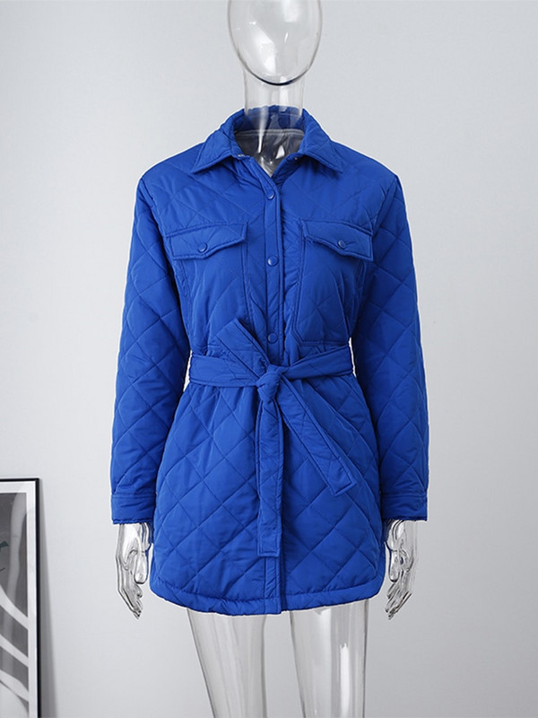 Brīvi polsterēta sieviešu ziemas jaka ar garām svītrām Ikdienišķa nolaižama apkakle ar jostu jaka Taisns mētelis Biroja sieviešu virsdrēbes Sieviešu apģērbi