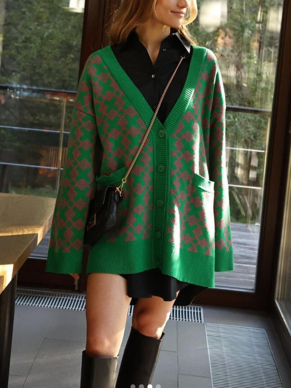 Női hosszú kardigán zsebek, egysoros divatos zöld kardigán új őszi és téli vintage kötött, hosszú ujjú kabát
