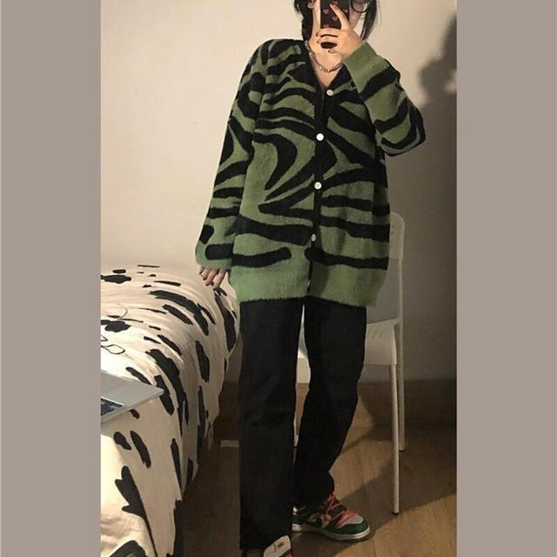 Sieviešu džemperis ar Zebra rakstu, V veida kakla izgriezums, brīvs, ikdienišķs, vienrindas trikotāžas džemperis korejiešu stila Ulzzang rudens virsdrēbes