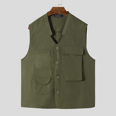 Ανδρικά γιλέκα V λαιμόκοψη Αμάνικα με πολλές τσέπες Μονόχρωμα γιλέκα Ανδρικά 2022 Streetwear με κουμπί Μόδα Casual γιλέκα Cargo INCERUN