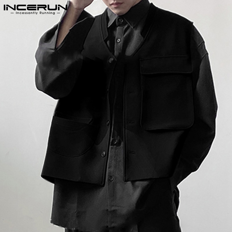 Ανδρικά γιλέκα V λαιμόκοψη Αμάνικα με πολλές τσέπες Μονόχρωμα γιλέκα Ανδρικά 2022 Streetwear με κουμπί Μόδα Casual γιλέκα Cargo INCERUN