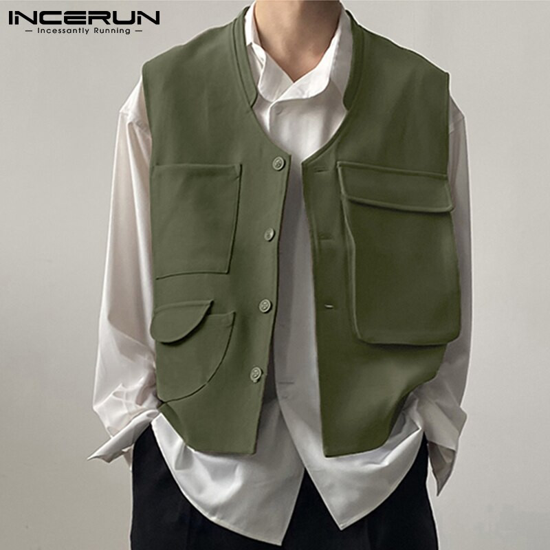 Ανδρικά γιλέκα V λαιμόκοψη Αμάνικα με πολλές τσέπες Μονόχρωμα γιλέκα Ανδρικά 2022 Streetwear με κουμπί Μόδα Casual γιλέκα Cargo INCERUN