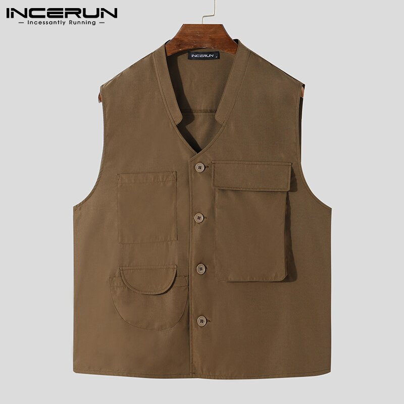 Ανδρικά γιλέκα V λαιμόκοψη Αμάνικα με πολλές τσέπες Μονόχρωμα γιλέκα Ανδρικά 2022 Streetwear με κουμπί Μόδα Casual γιλέκα Cargo INCERUN