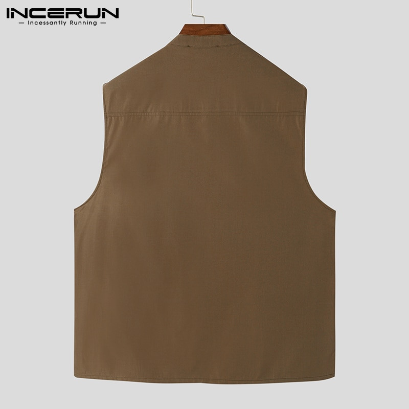 Ανδρικά γιλέκα V λαιμόκοψη Αμάνικα με πολλές τσέπες Μονόχρωμα γιλέκα Ανδρικά 2022 Streetwear με κουμπί Μόδα Casual γιλέκα Cargo INCERUN