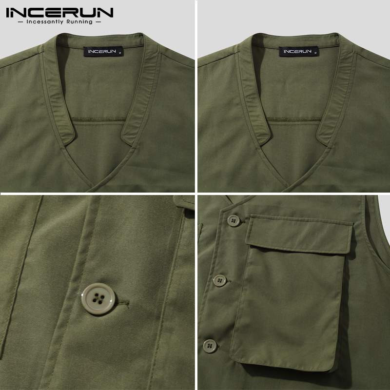 Ανδρικά γιλέκα V λαιμόκοψη Αμάνικα με πολλές τσέπες Μονόχρωμα γιλέκα Ανδρικά 2022 Streetwear με κουμπί Μόδα Casual γιλέκα Cargo INCERUN