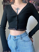 InsGoth rudens vintage gotikas mežģīņu melna jaka Harajuku Sexy V kaklasaite ar garām piedurknēm Crop Top sieviešu trikotāžas pogām uz augšu