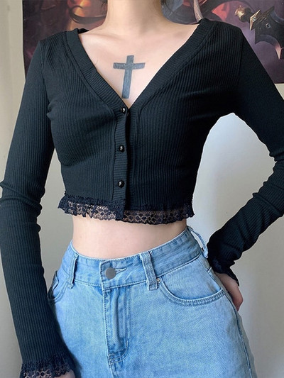 InsGoth rudens vintage gotikas mežģīņu melna jaka Harajuku Sexy V kaklasaite ar garām piedurknēm Crop Top sieviešu trikotāžas pogām uz augšu