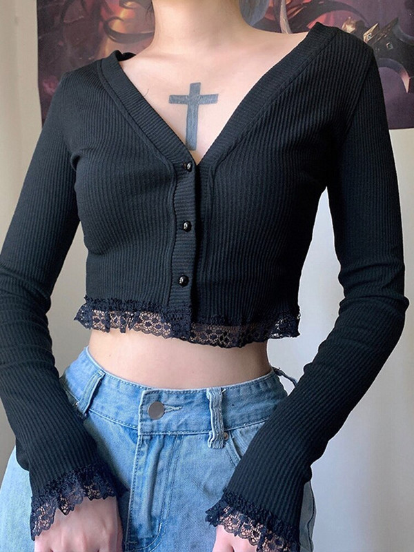 InsGoth rudens vintage gotikas mežģīņu melna jaka Harajuku Sexy V kaklasaite ar garām piedurknēm Crop Top sieviešu trikotāžas pogām uz augšu