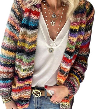 Дамски елегантен многоцветен принт Плетени жилетки Пуловер 2021 Есен Зима Палта с дълги ръкави Дамски ежедневни пуловери с джоб