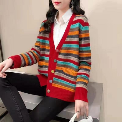 Γυναικεία κομψή πολύχρωμη στάμπα πλεκτά πουλόβερ με ζακέτες 2021 Φθινόπωρο χειμερινό μακρυμάνικο μπλουζάκι Γυναικεία casual πουλόβερ τσέπης