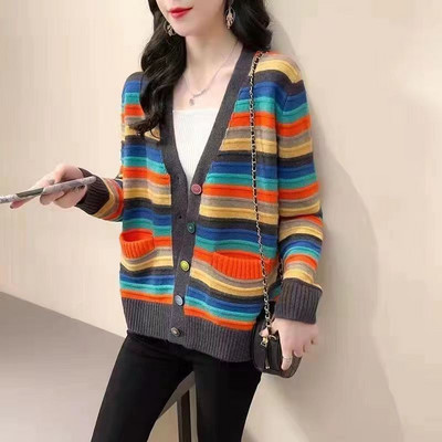 Γυναικεία κομψή πολύχρωμη στάμπα πλεκτά πουλόβερ με ζακέτες 2021 Φθινόπωρο χειμερινό μακρυμάνικο μπλουζάκι Γυναικεία casual πουλόβερ τσέπης