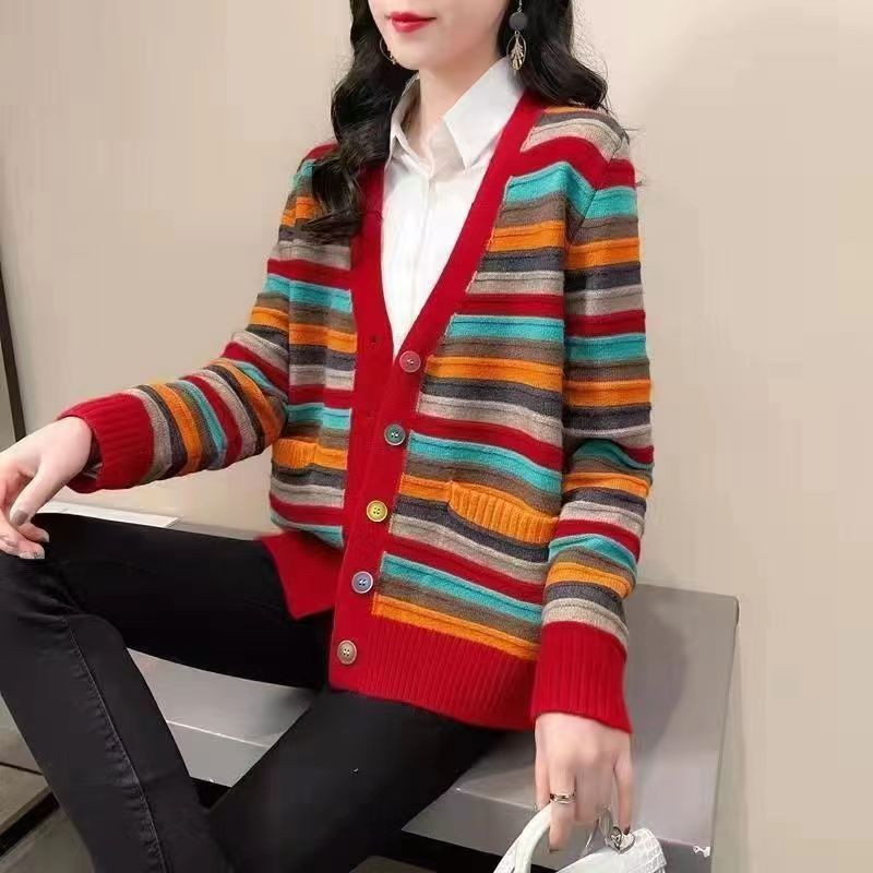 Γυναικεία κομψή πολύχρωμη στάμπα πλεκτά πουλόβερ με ζακέτες 2021 Φθινόπωρο χειμερινό μακρυμάνικο μπλουζάκι Γυναικεία casual πουλόβερ τσέπης