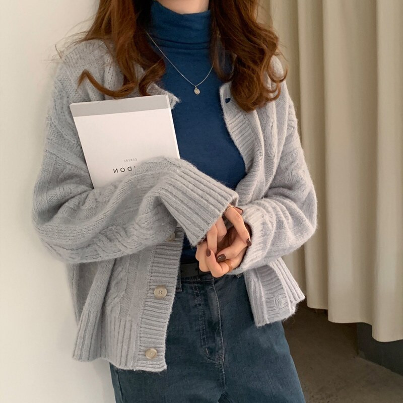 Rudens elegants silts džemperis jaciņš Mode brīvs biezs V veida kakla trikotāžas džemperis Maigs vintage ziemas apģērbs sieviešu topi 16053