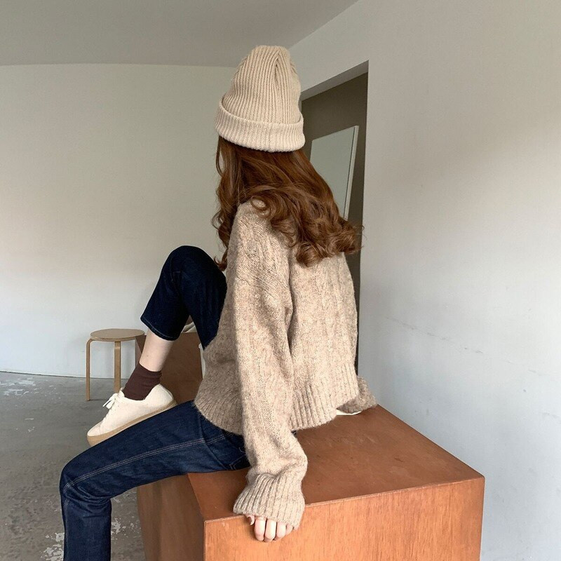 Rudens elegants silts džemperis jaciņš Mode brīvs biezs V veida kakla trikotāžas džemperis Maigs vintage ziemas apģērbs sieviešu topi 16053