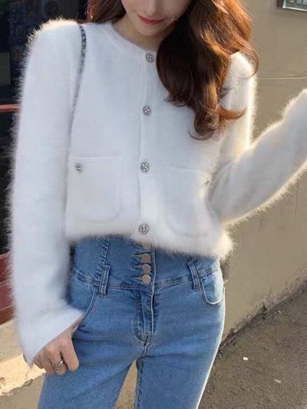 Woherb elegants kašmira apgriezts džemperis, trikotāžas džemperis, sieviešu Kawaii sieviešu ielu apģērbs ar pogu uz augšu Solid Kardigany Damski