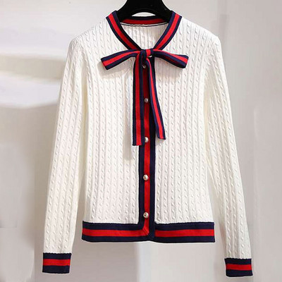 Xisteps Ženski debeli pleteni kardigan džemper Elegantna leptir mašna Biserno dugme O izrez Ženski jesenski zimski kaput Ženska jakna na pruge