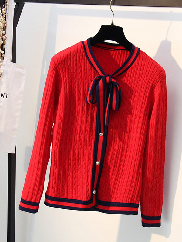 Xisteps Ženski debeli pleteni kardigan džemper Elegantna leptir mašna Biserno dugme O izrez Ženski jesenski zimski kaput Ženska jakna na pruge