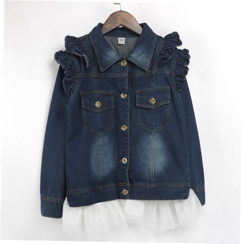 Meiteņu virsdrēbes Mazuļu meiteņu apģērbi 2021. gada rudens ziemas modes mežģīņu apakšmala Toddler, bērnu džinsu jaka ar garām piedurknēm, volāniem, meitenes džinsa mētelis