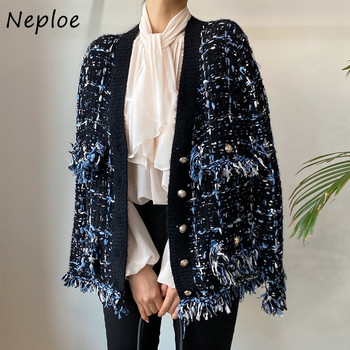 Neploe Stylish V-λαιμόκοψη μικτό χρώμα Πλεκτό Ζακέτα Γυναικεία Φαρδιά μακρυμάνικο πουλόβερ Γυναικείο παλτό με φούντα με κρόσια Fuzzy ζακέτες