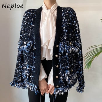 Neploe Stylish V-λαιμόκοψη μικτό χρώμα Πλεκτό Ζακέτα Γυναικεία Φαρδιά μακρυμάνικο πουλόβερ Γυναικείο παλτό με φούντα με κρόσια Fuzzy ζακέτες