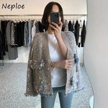 Neploe Stylish V-λαιμόκοψη μικτό χρώμα Πλεκτό Ζακέτα Γυναικεία Φαρδιά μακρυμάνικο πουλόβερ Γυναικείο παλτό με φούντα με κρόσια Fuzzy ζακέτες