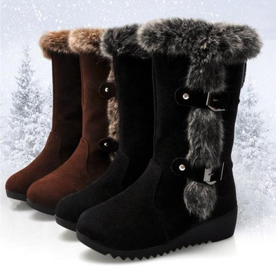 Нови зимни дамски ботуши Ежедневни топли кожени ботуши до средата на прасеца Обувки Дамски плъзгащи се клинове с кръгли пръсти Ботуши за сняг обувки Muje Плюс размер 42