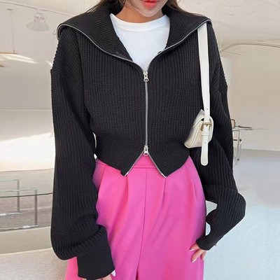 Crop πέτο με διπλό φερμουάρ Ζακέτα Candy Sueters Mujer Pull Jumpers Y2k Ρούχα Υπερμεγέθη 2022 Πουλόβερ για γυναίκες Black Fall Lazy