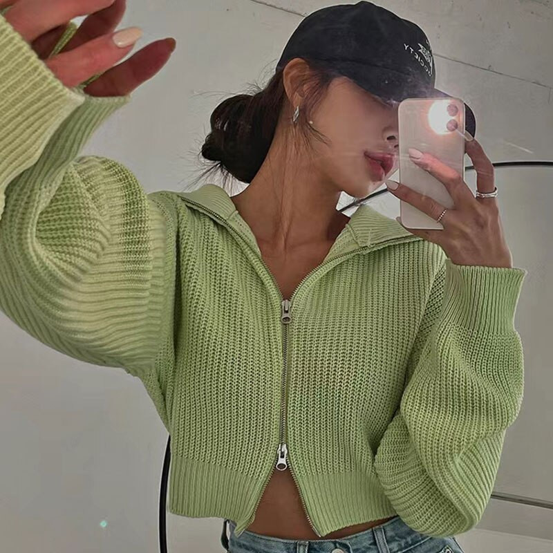 Crop πέτο με διπλό φερμουάρ Ζακέτα Candy Sueters Mujer Pull Jumpers Y2k Ρούχα Υπερμεγέθη 2022 Πουλόβερ για γυναίκες Black Fall Lazy