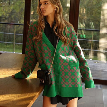Γυναικεία καρό με λαιμόκοψη V Πλεκτή ζακέτα μόδας Γυναικεία κουμπιά Casual μακρυμάνικο πουλόβερ Ζακέτα με τσέπη φθινόπωρο 2022