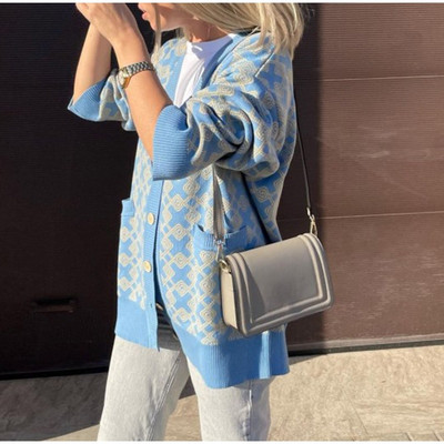 Sieviešu V veida kakla rūtainas drukas trikotāžas jaciņa modes sieviešu pogas ikdienas džemperis ar garām piedurknēm džemperis ar kabatu 2022. gada rudens