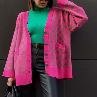 Sieviešu V veida kakla rūtainas drukas trikotāžas jaciņa modes sieviešu pogas ikdienas džemperis ar garām piedurknēm džemperis ar kabatu 2022. gada rudens