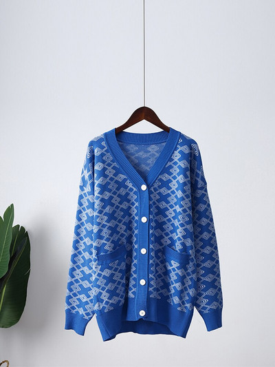 Sieviešu V veida kakla rūtainas drukas trikotāžas jaciņa modes sieviešu pogas ikdienas džemperis ar garām piedurknēm džemperis ar kabatu 2022. gada rudens